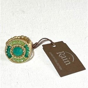 Rain Brand green‎ and gold toned ring OS NWT